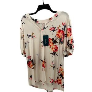 Anyally Floral V-Neck Blouse XL Cream Red Short Puff Sleeve Womens